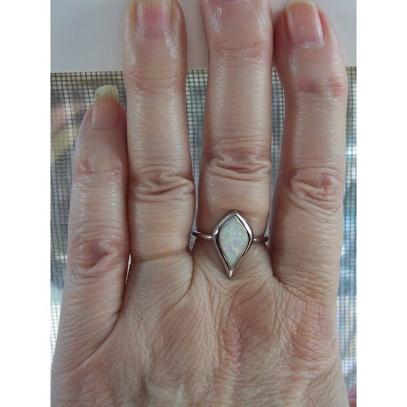 925 STERLING SILVER Lab Created Mystic Shape White Opal Ring - Picture 2 of 16